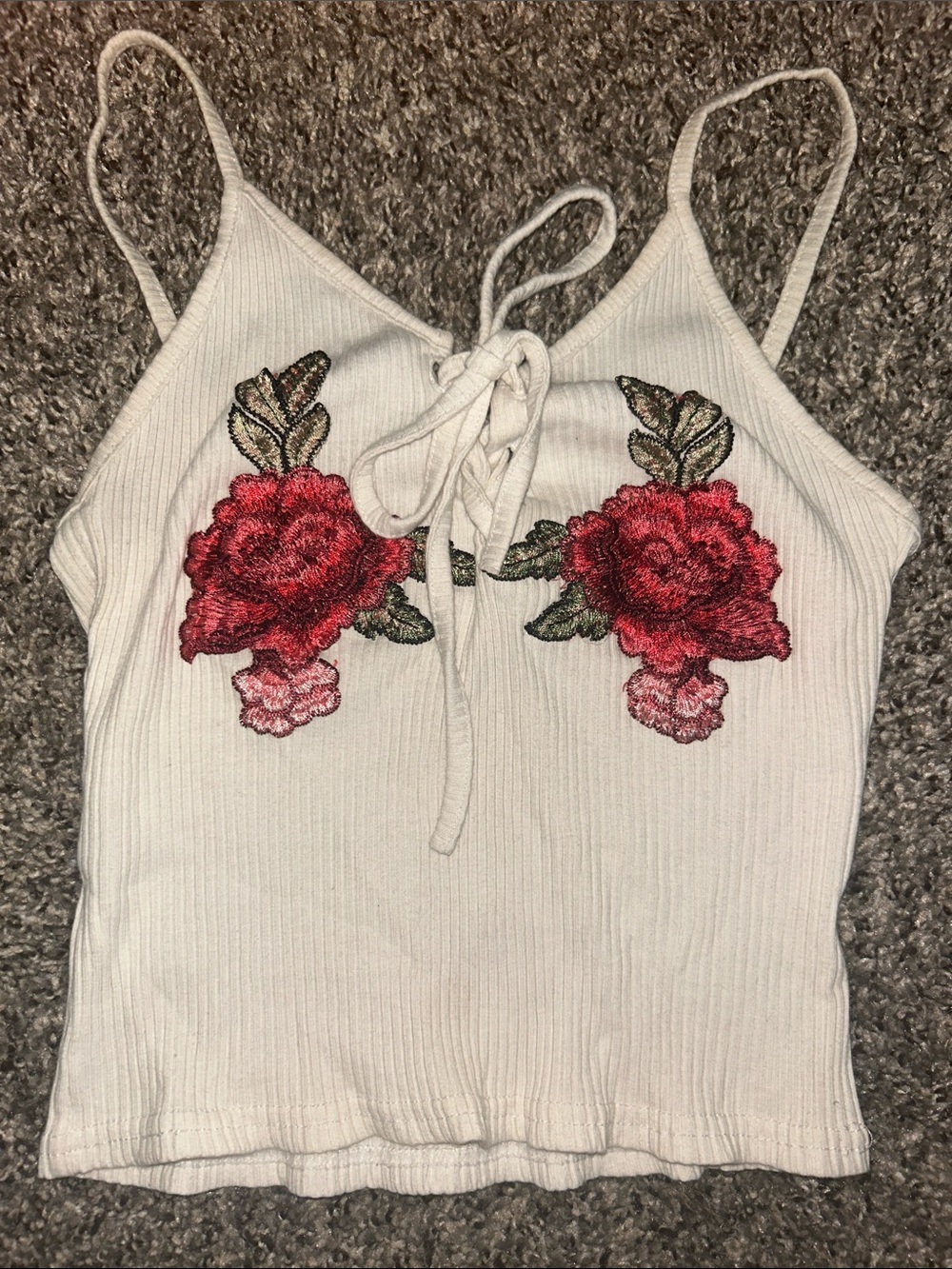 White Lace-Up Ribbed Tank with Red Rose Embroidery